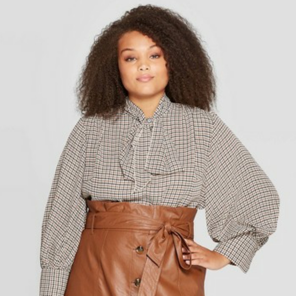 WWW Houndstooth print balloon long sleeve tie neck